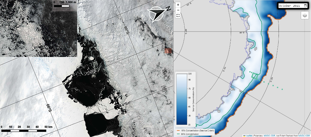 Left: Landsat image of the marginal ice zone 20 October 2021 with detailed inset of area shade red (courtesy Pat Wongpan).

Right: Proposed voyage trajectory (green) shown in relation to sea-ice concentration October 2021 (courtesy Anton Steketee).